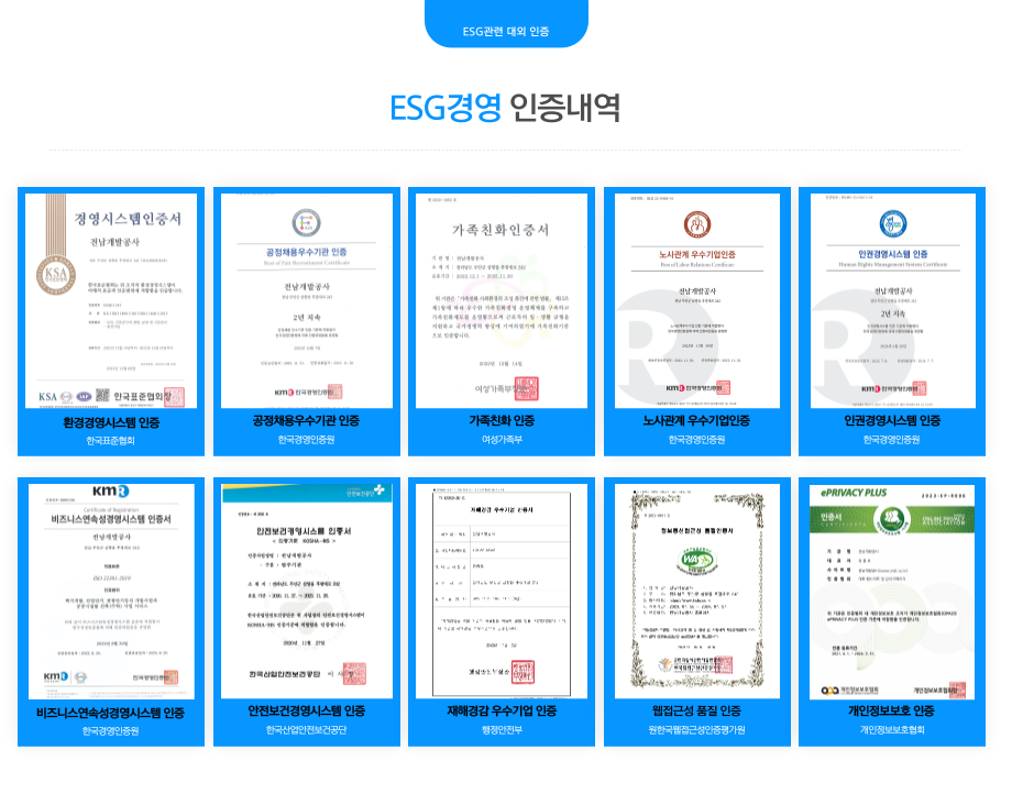 ESG경영 인증내역(환경경영시스템 인증, 공정채용우수기관 인증, 가족친화 인증, 노사관계 우수기업인증, 인권경영시스템 인증, 비즈니스연속경영시스템 인증, 안전보건경영시스템 인증, 재해경감 우수기업 인증, 웹접근성 품질 인증, 개인정보보호 인증)